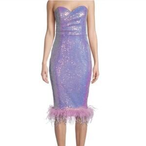 Lavish Alice Women's Purple Sequin Strapless Feather Trim Dress